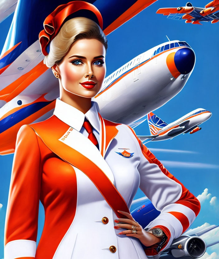 Stylized retro flight attendant illustration with blonde hair and blue & orange uniform poses confidently with planes in