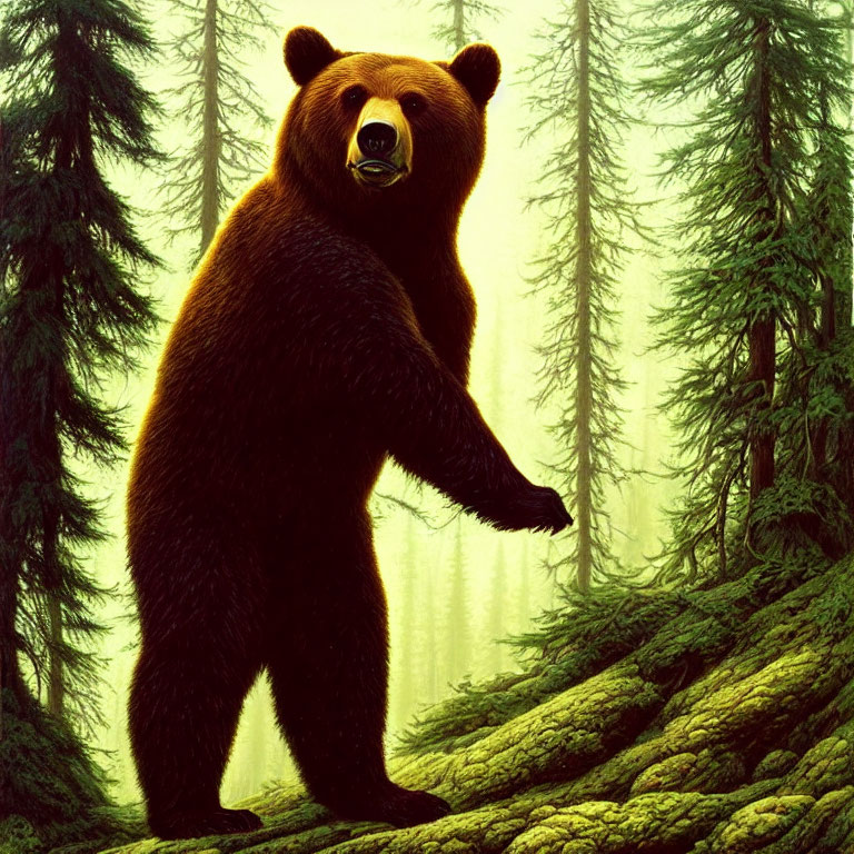 Brown Bear Standing in Misty Forest with Tall Green Trees