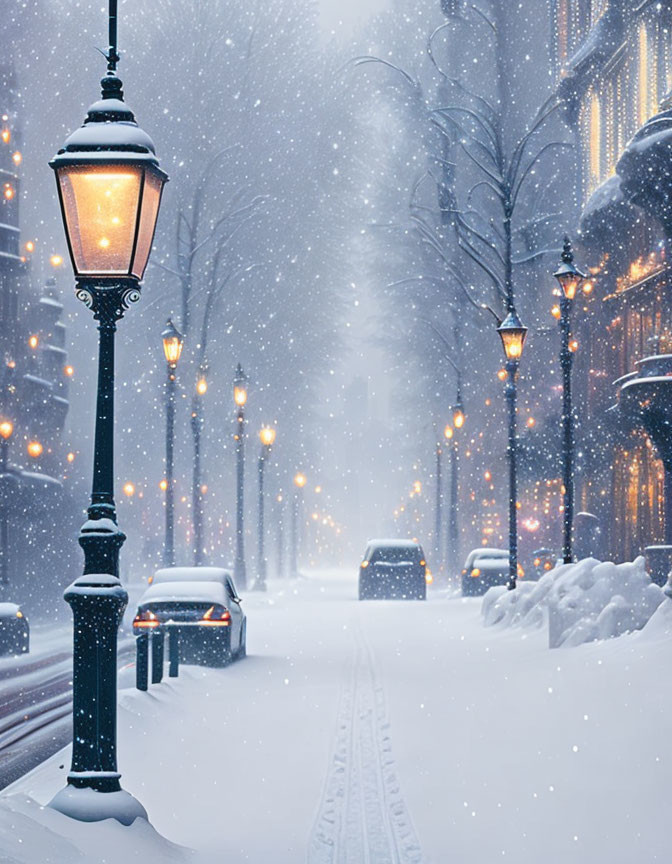 Snow-covered street at night with falling flakes and tire tracks, serene winter scene