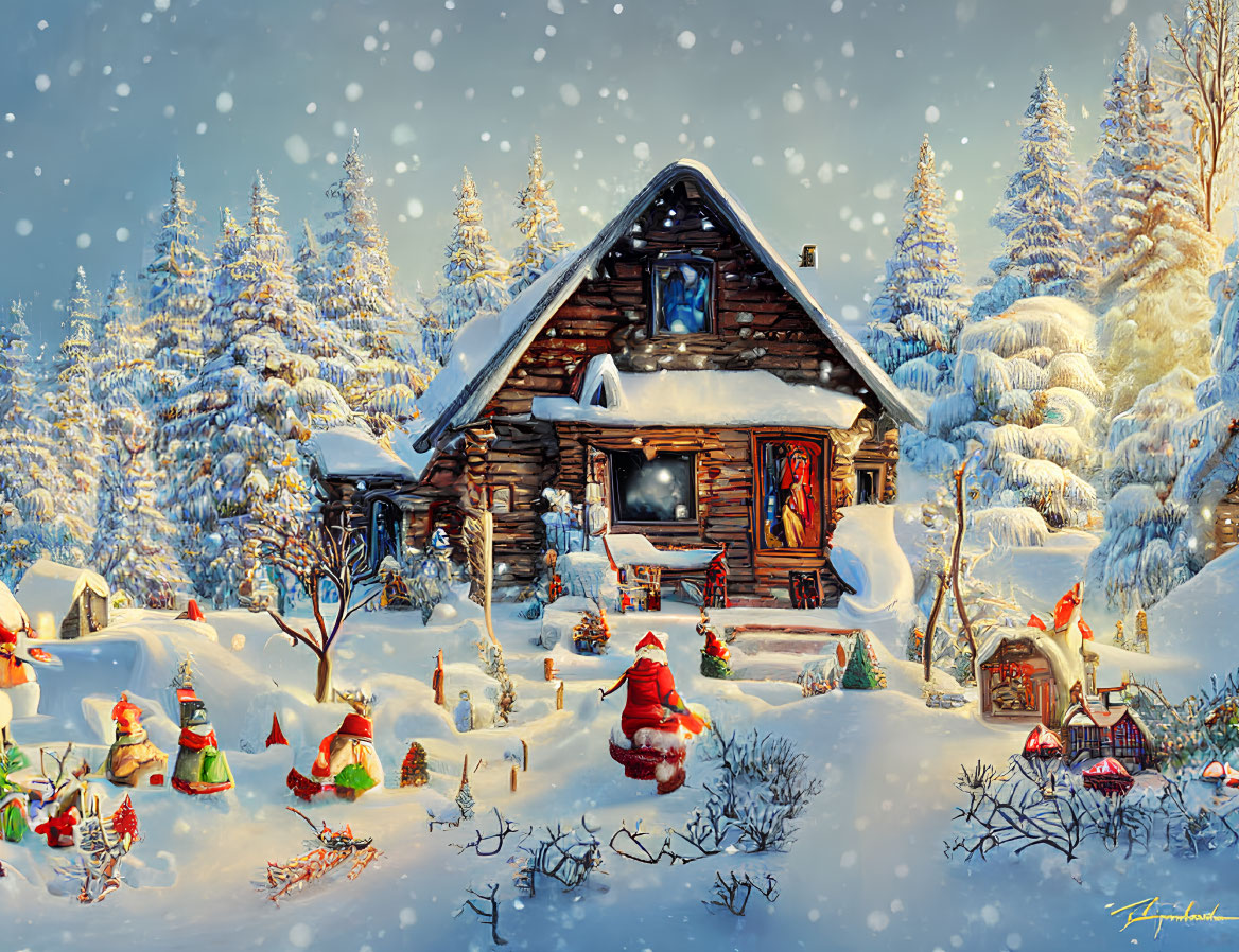 Snow-covered cabin with Santa figure in winter scene.