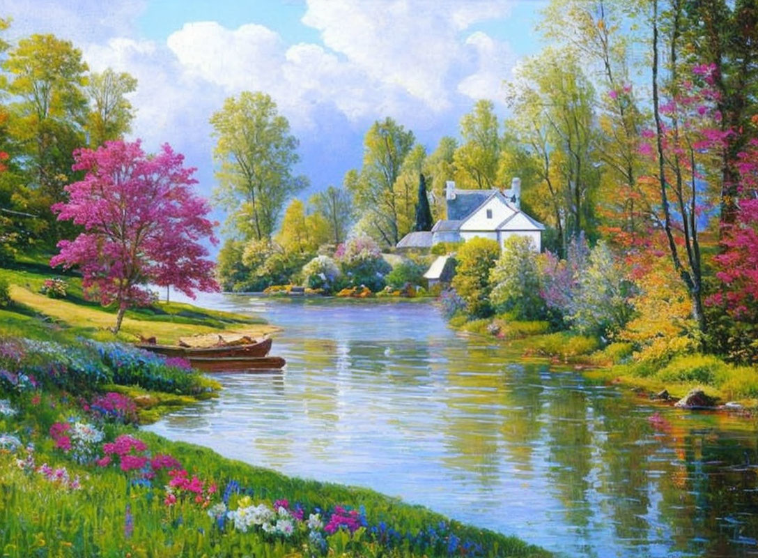 Tranquil riverside landscape with white house, blooming trees, boat, and flowers