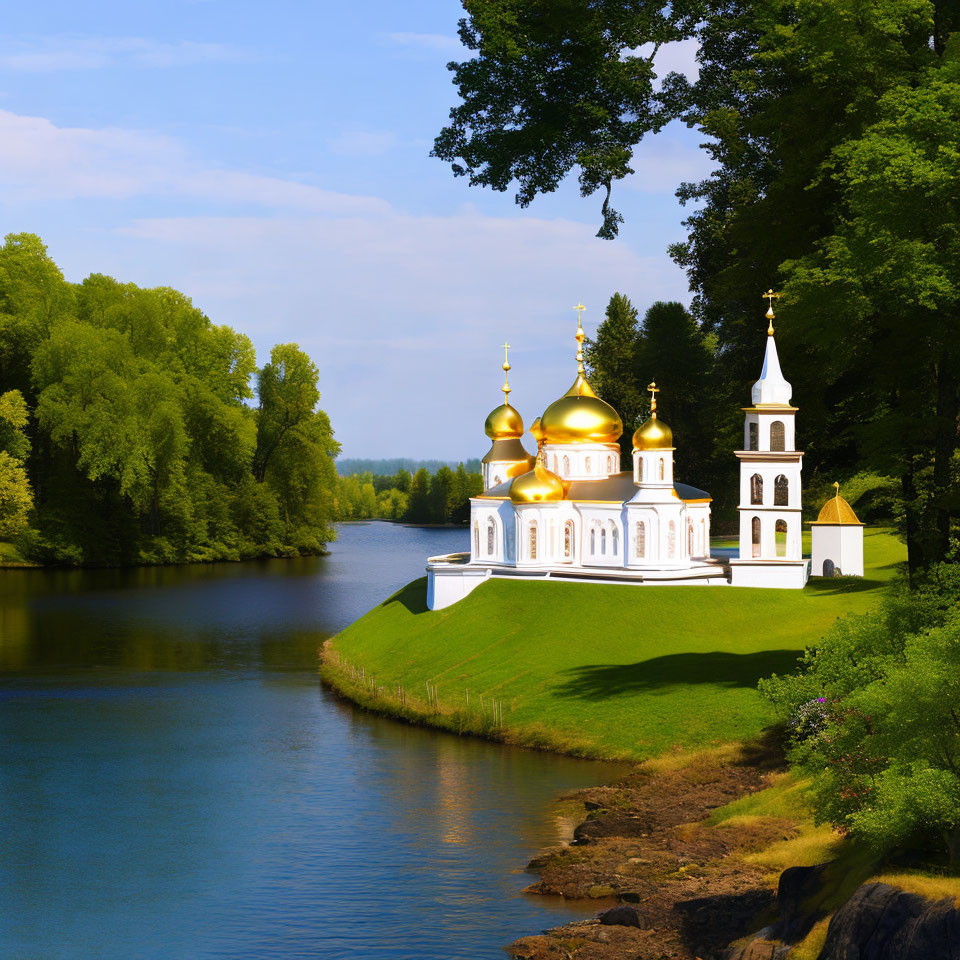 Golden-domed church on green riverbank with lush trees and blue sky