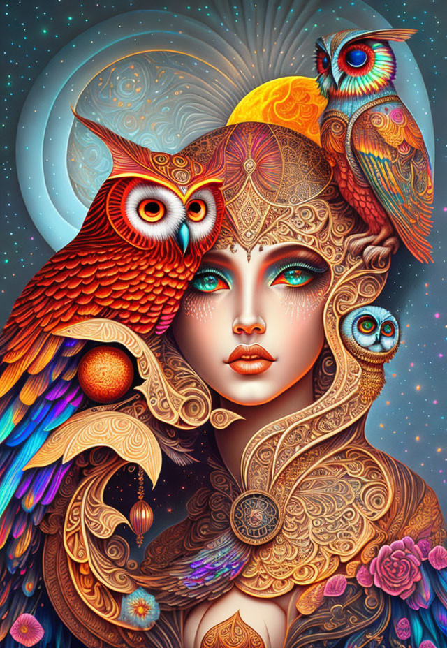 Colorful fantasy illustration of a woman with blue eyes and ornate owls.