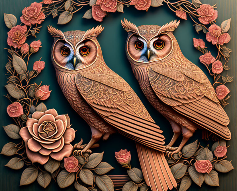 Intricately patterned owls in floral frame on teal background