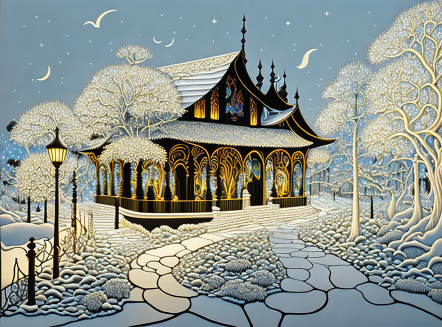 Snow-covered night landscape with traditional house and crescent moons.