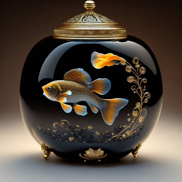 Black Spherical Vase with Goldfish Design and Floral Patterns