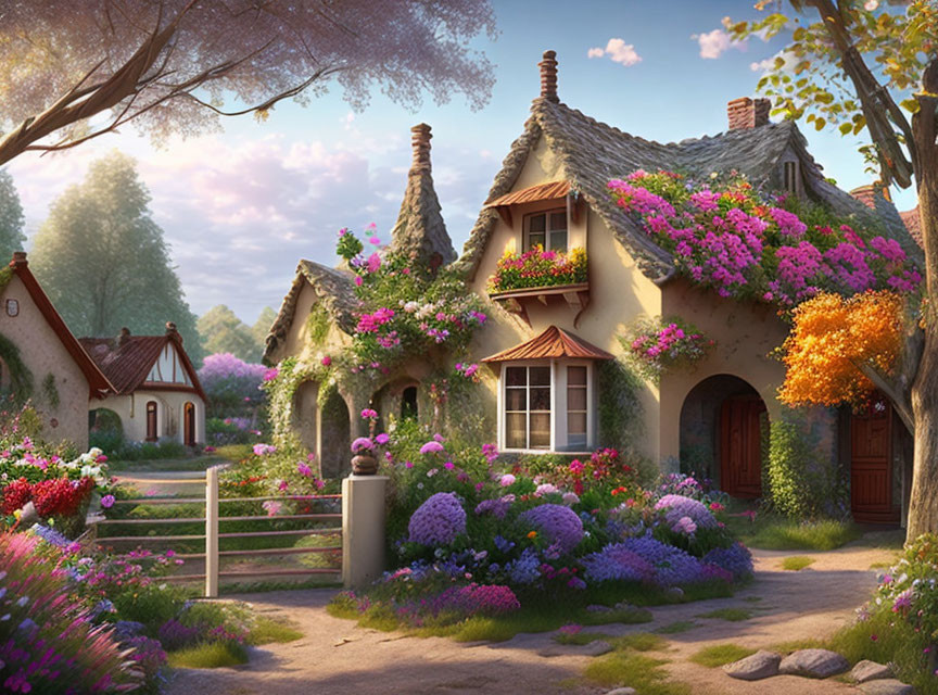 Thatched Roof Cottage Surrounded by Flowers and Foliage