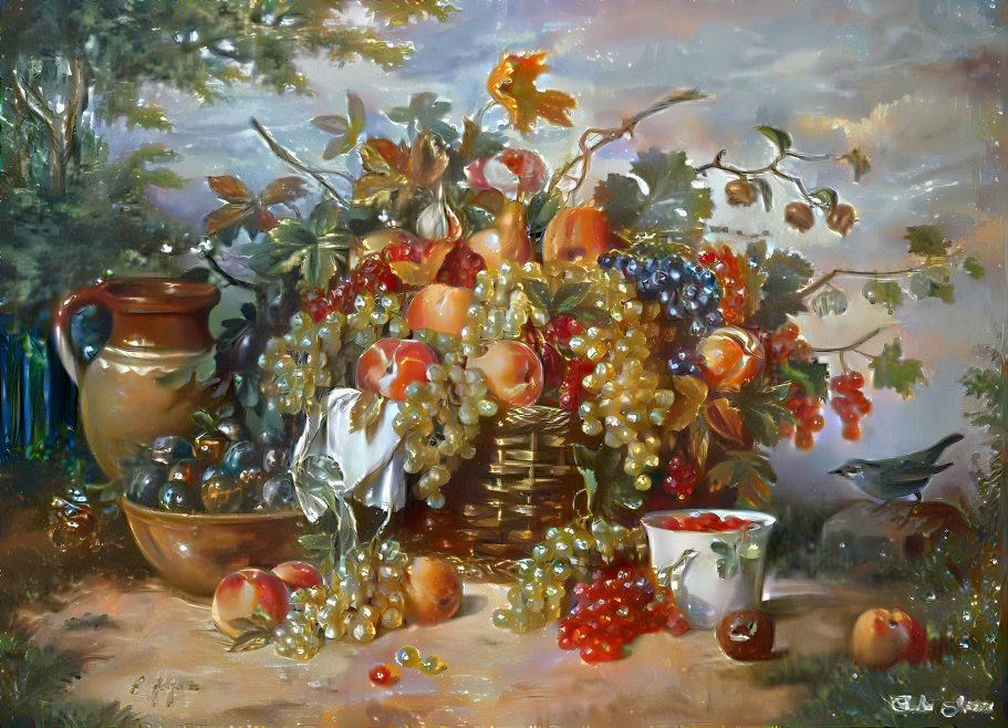 Still life with peaches and grapes