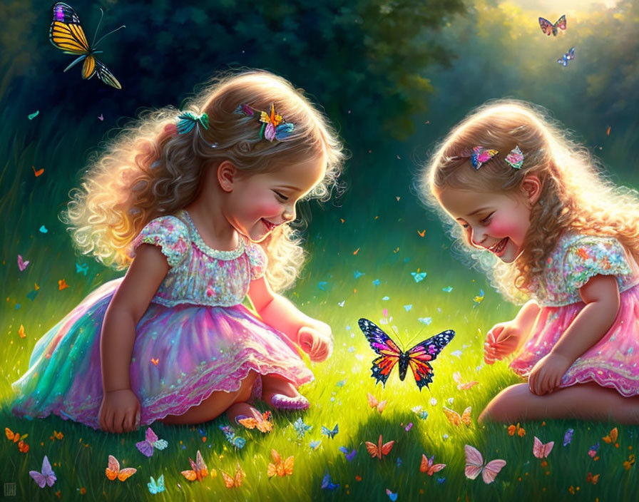 Young girls in pastel dresses with butterflies in vibrant field