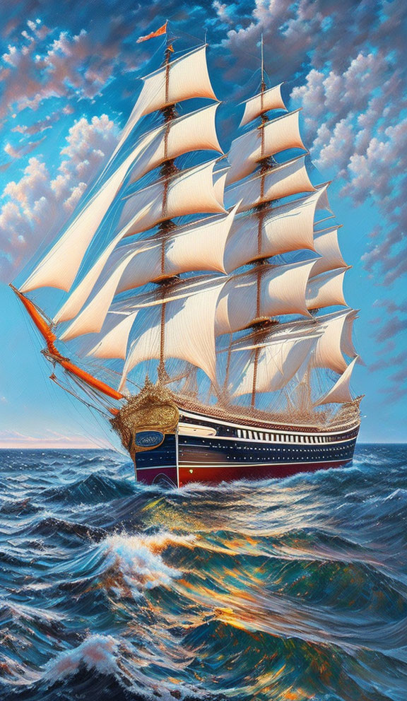 Sailing ship with billowing white sails on choppy blue ocean waves