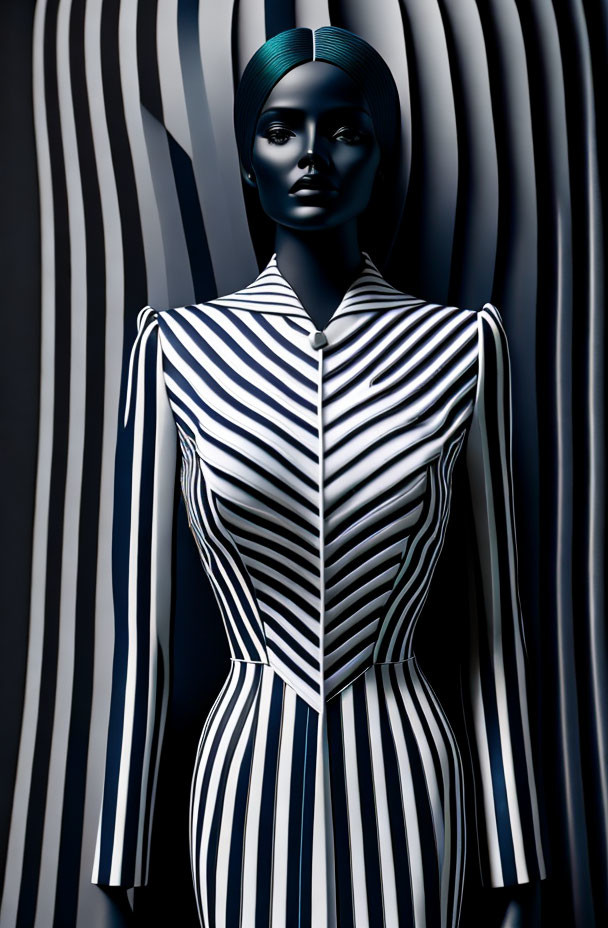 Dark-skinned mannequin in optical illusion dress on striped background