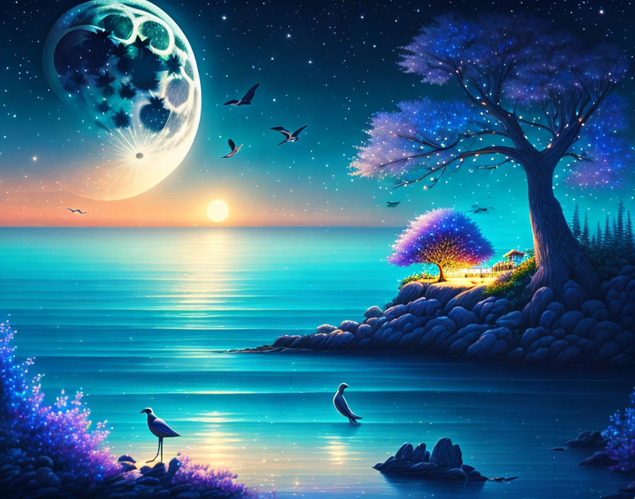 Colorful trees, glowing flowers, and a large moon in a dusk seascape