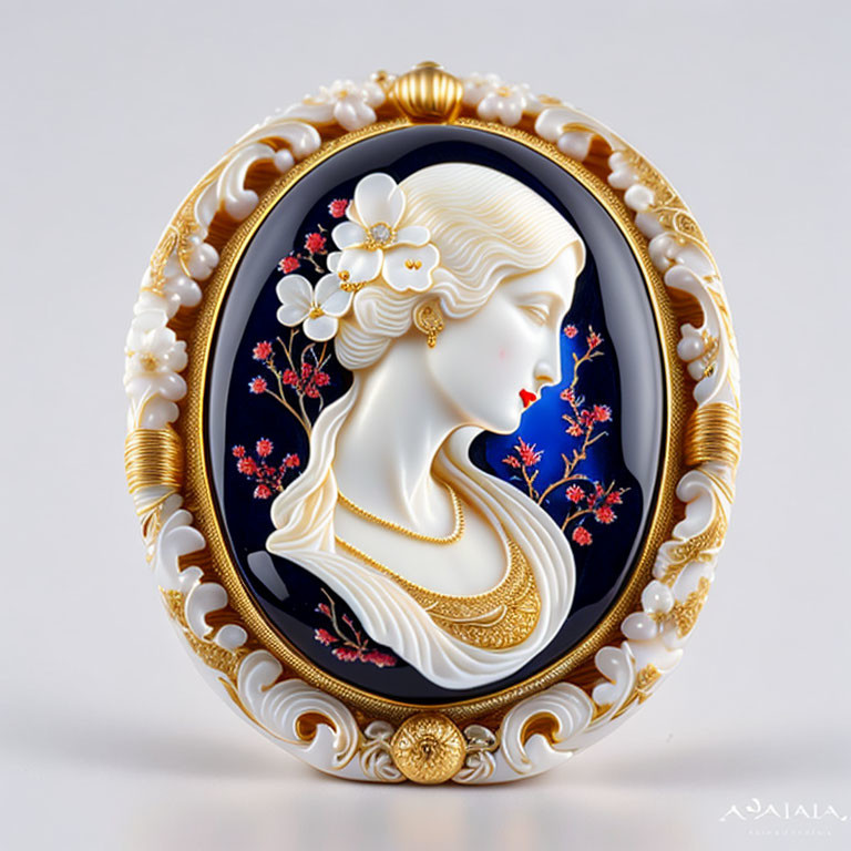 Intricately crafted cameo brooch with woman profile and floral design on gold oval base