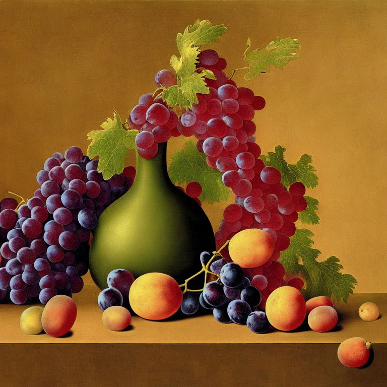 Classic still life painting with grapes, apricots, plums, and green glass bottle on golden