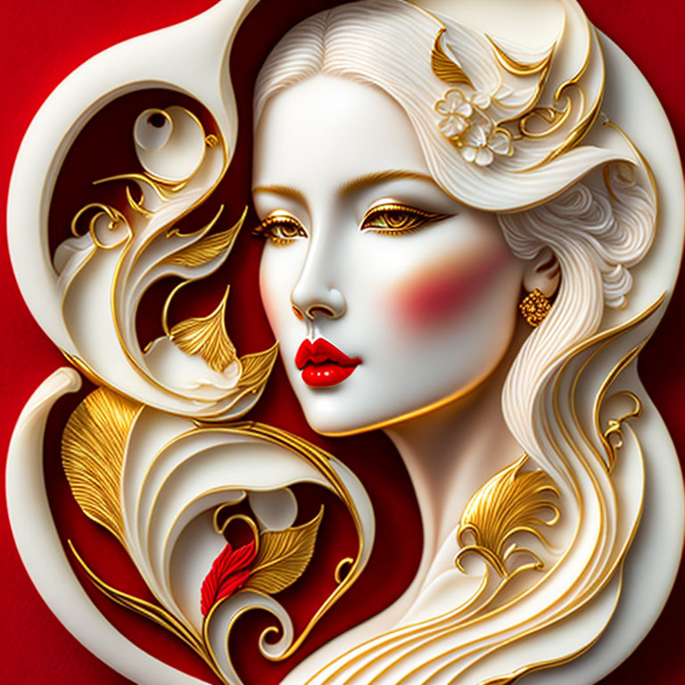 Intricate bas-relief of woman with stylized features on deep red background