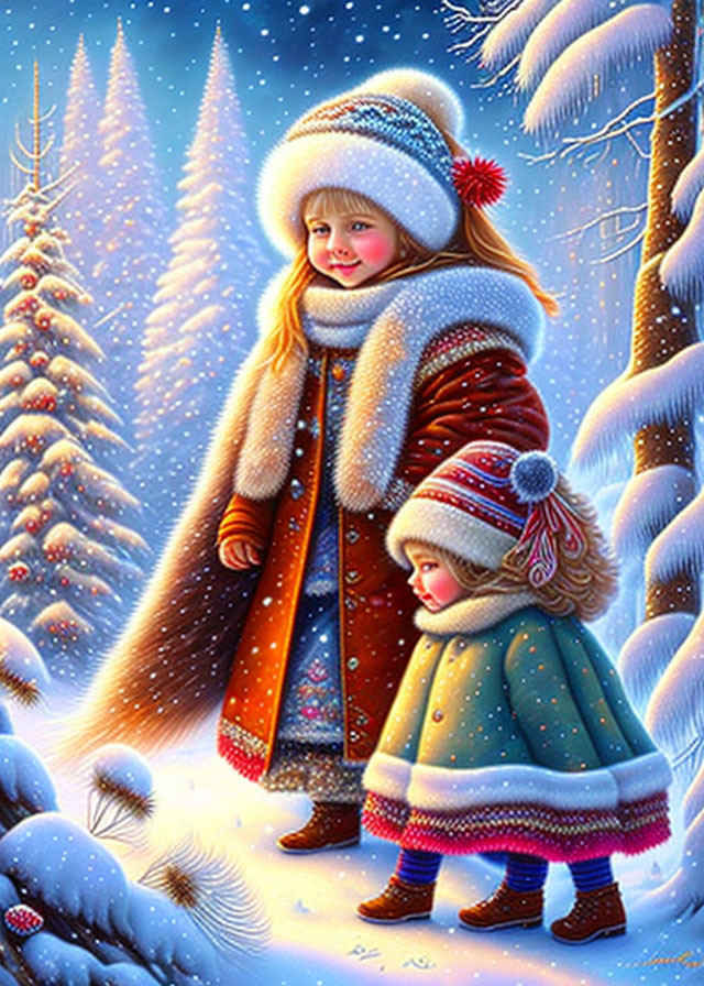 Children in winter clothing in snowy landscape with pine trees.