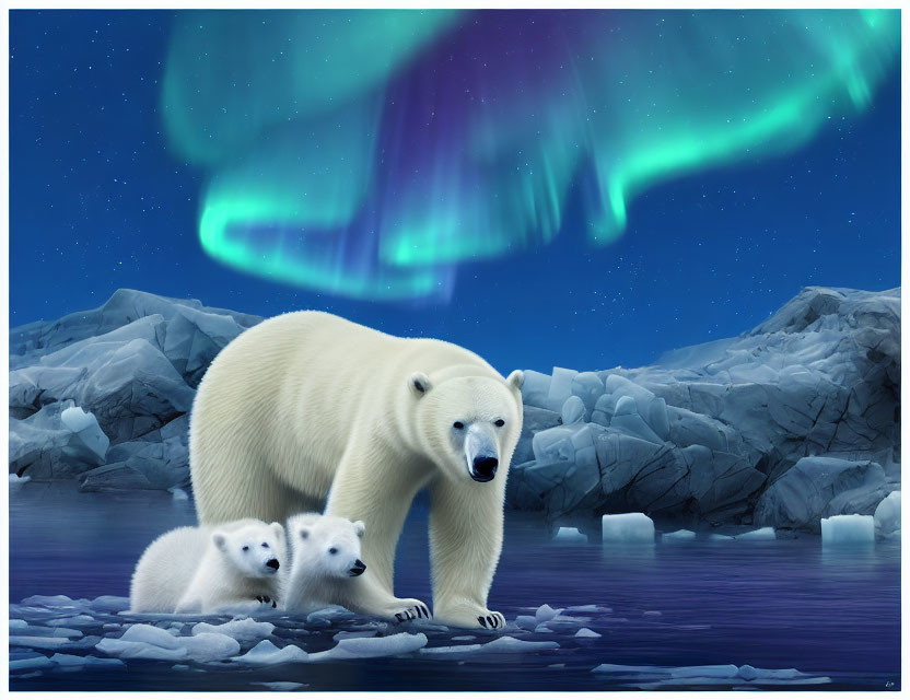 Polar Bear with Two Cubs on Icy Landscape under Night Sky with Aurora Borealis