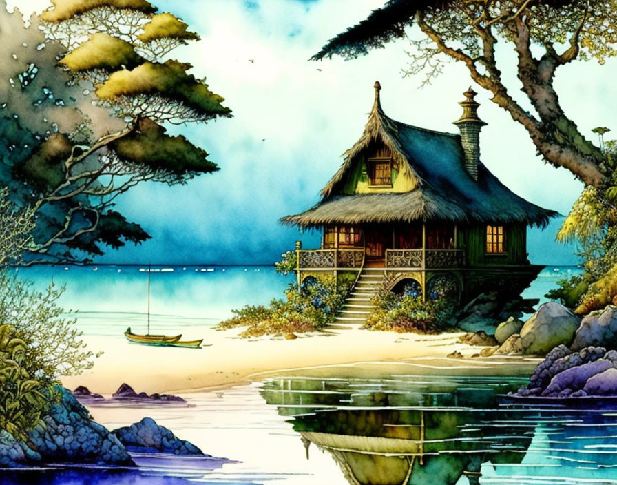 Tranquil watercolor scene of thatched-roof house by serene lake