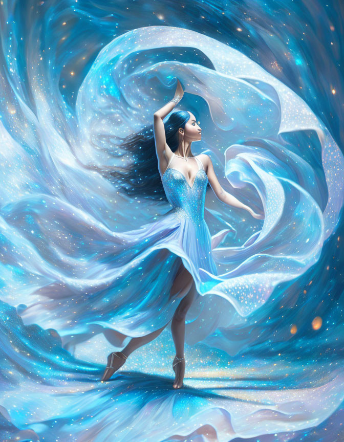 Blue-haired dancer in sparkling dress amid cosmic backdrop