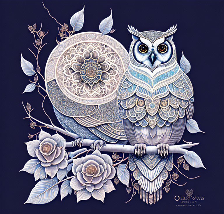 Intricate patterned owl on branch with stylized flowers in deep blue.