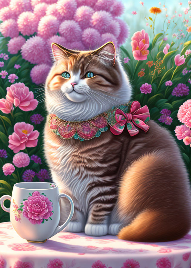 Fluffy Cat with Decorative Collar Near Teacup and Pink Flowers