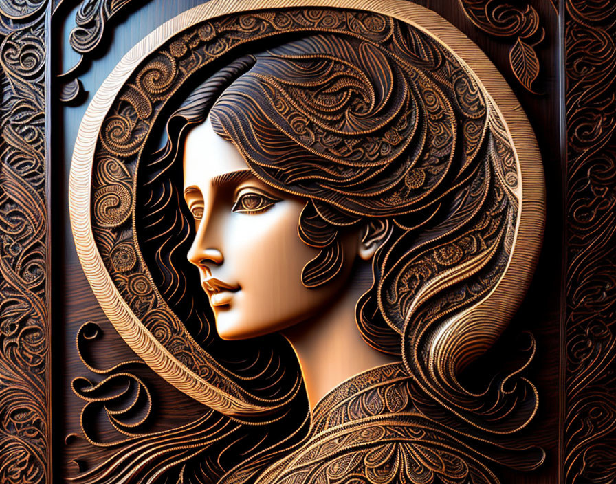 Detailed Woman's Profile with Ornate Wooden Hair Patterns