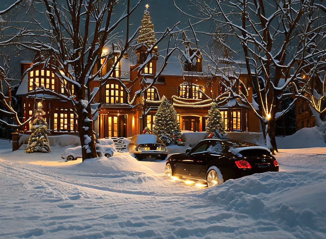 Snow-covered night scene with Christmas house decorations and car.