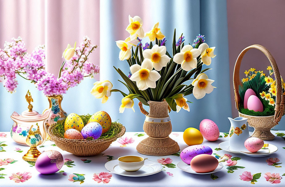 Colorful Easter Still Life with Painted Eggs, Daffodils, Cherry Blossoms, Te