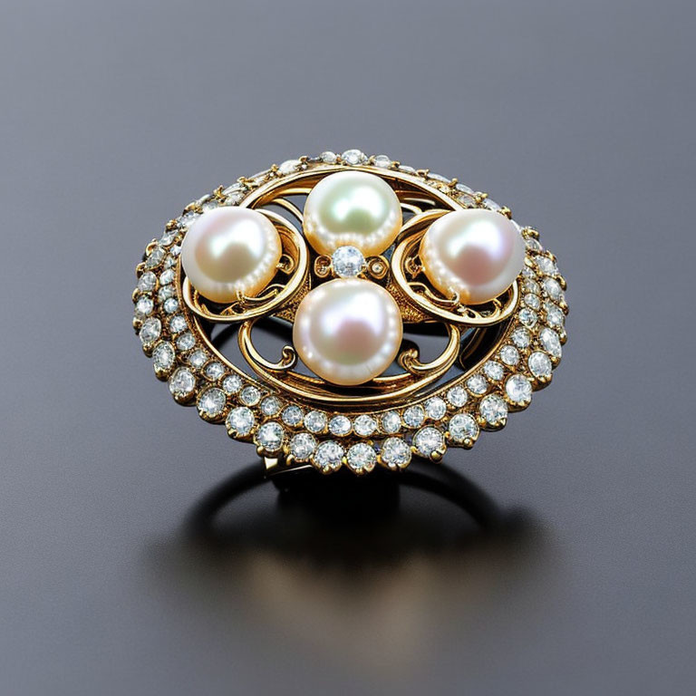 Gold Brooch with Pearls & Diamonds on Dark Background