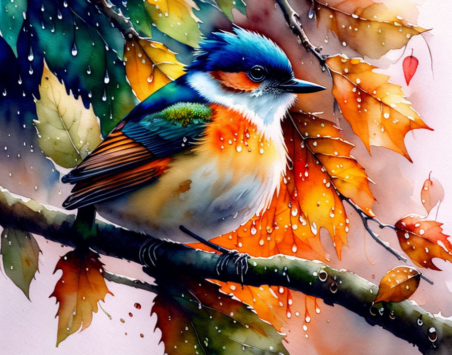 Colorful Bird Perched on Branch with Dewdrops and Autumn Leaves