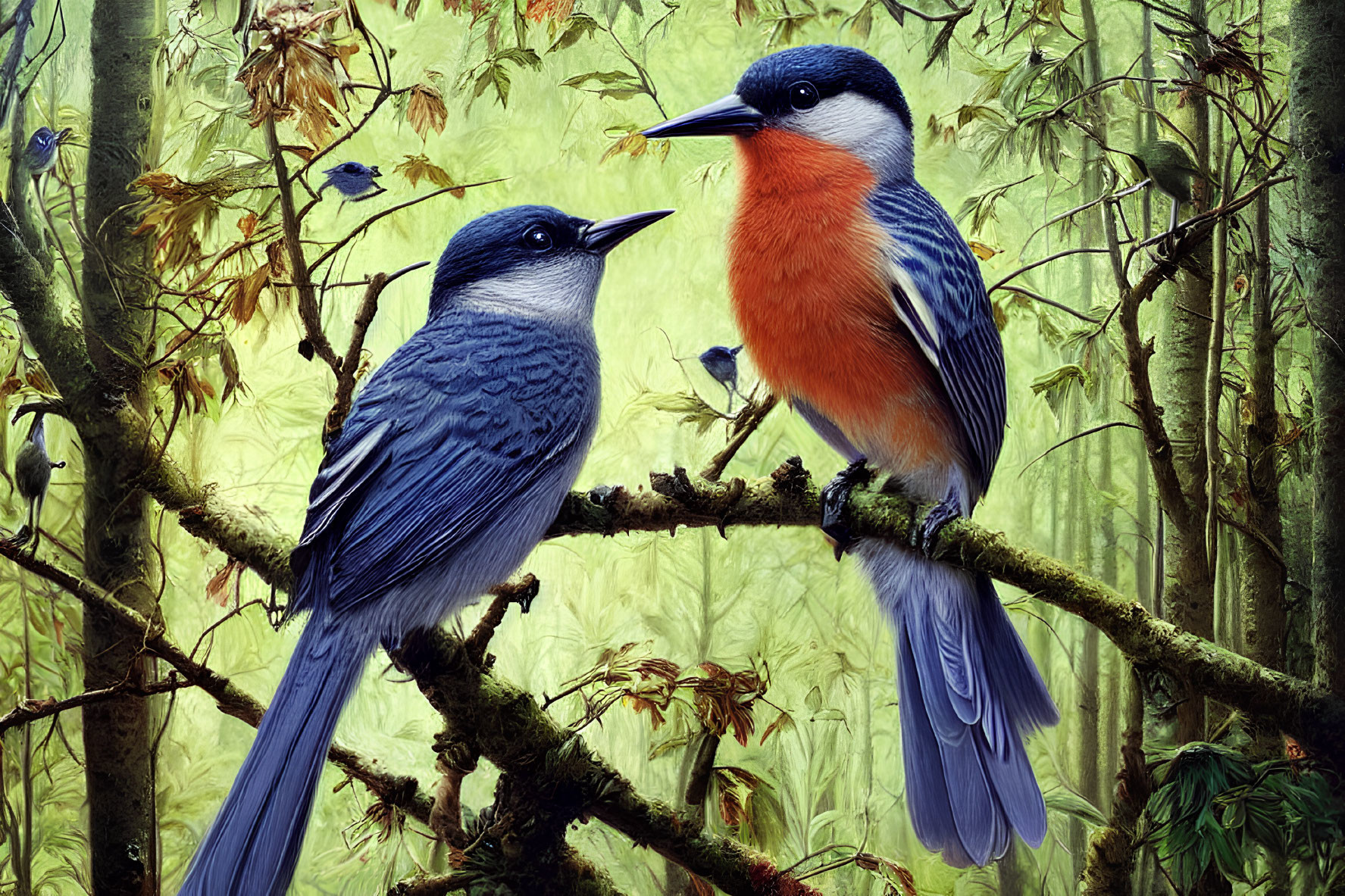 Colorful birds on branch with green foliage