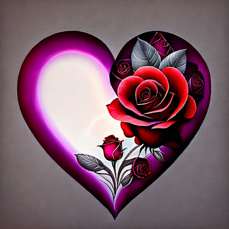 Colorful heart-shaped digital artwork with glowing outline and red roses on dark background