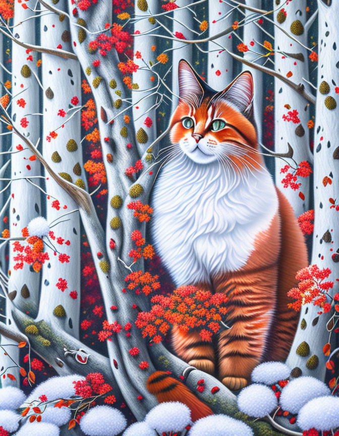 Illustration of orange and white cat in snowy birch forest