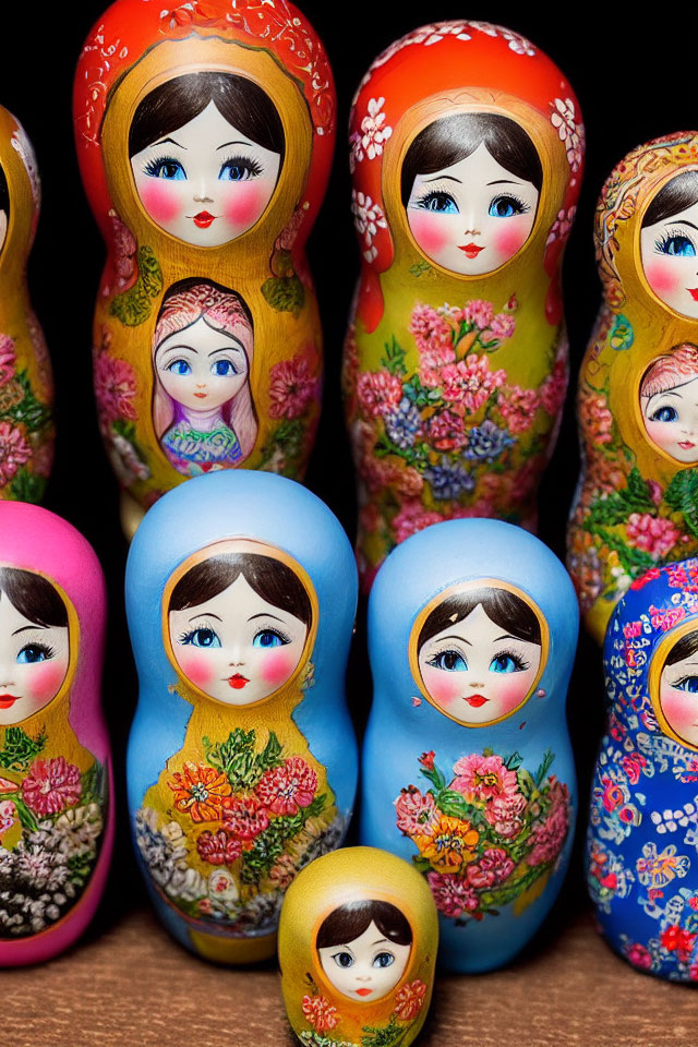 Vibrant Matryoshka Dolls with Floral Patterns and Different Faces