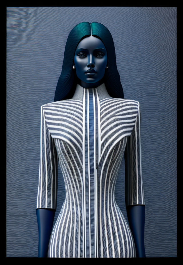 Blue-skinned woman in striped dress with black hair: digital artwork