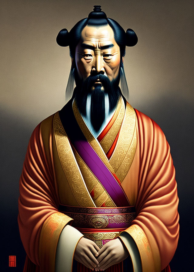 Illustrated portrait of stern, bearded man in East Asian attire