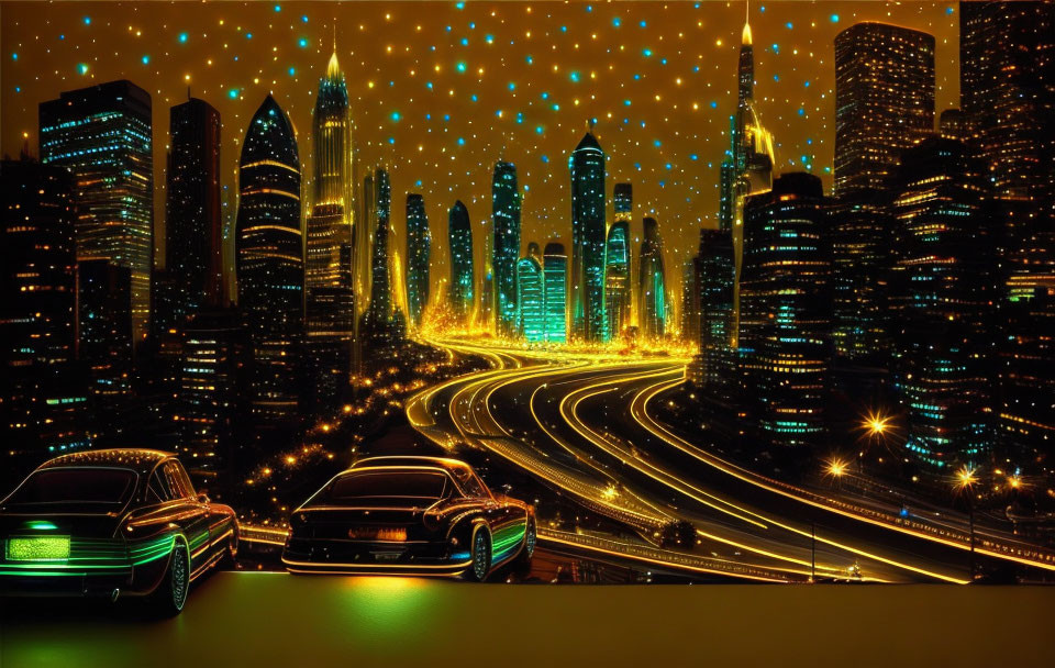 Futuristic night cityscape with neon lights, glowing roads, and cars amidst skyscrapers