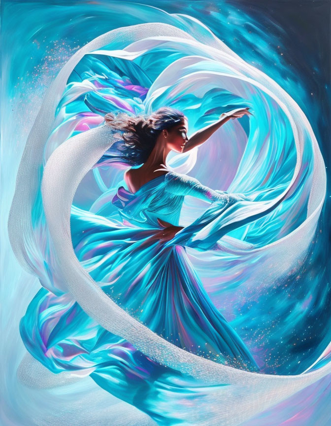 Elegant woman in flowing blue dress amidst dynamic swirls of light.