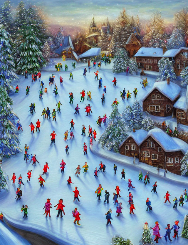 Winter scene: Animated ice-skating on frozen pond amidst snow-covered cottages.