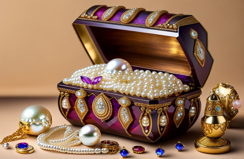 Luxurious treasure chest with pearls, gold, and gemstones on soft backdrop