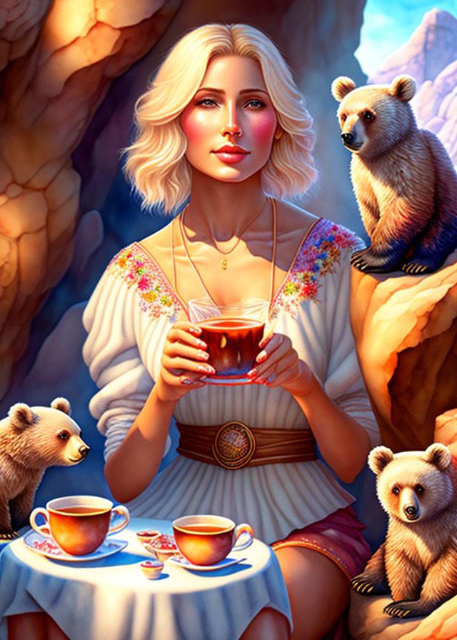 Blonde woman with tea cup and four bears in fantasy rocky scene