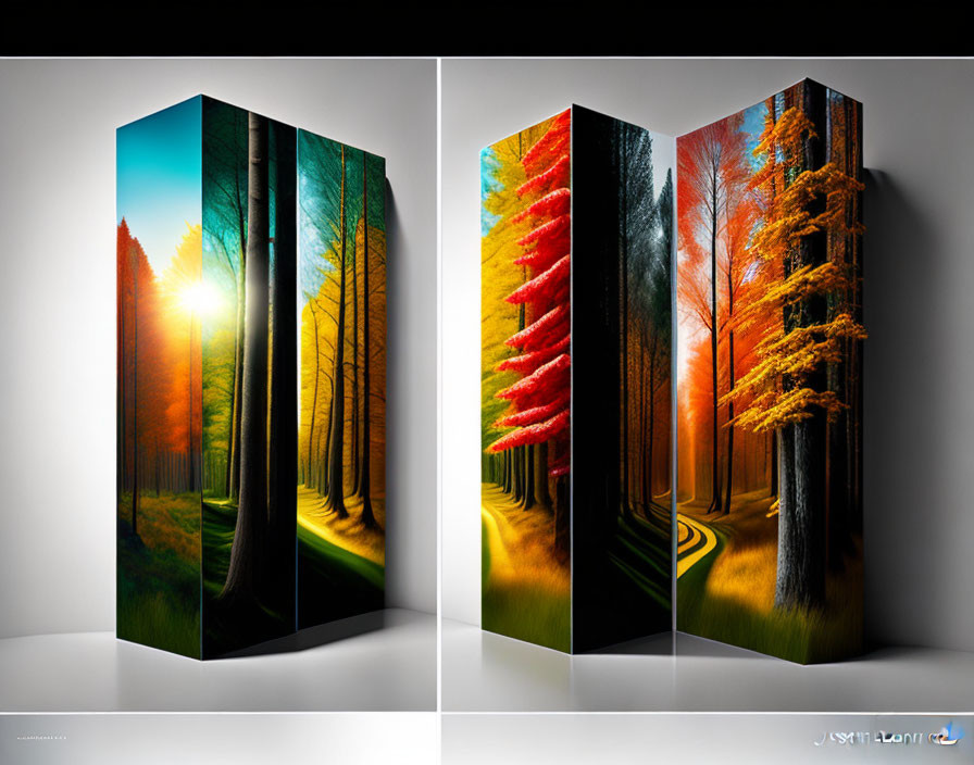 Dual-panel forest scene art with contrasting seasons: sunlit path, autumn trees on right, green tones