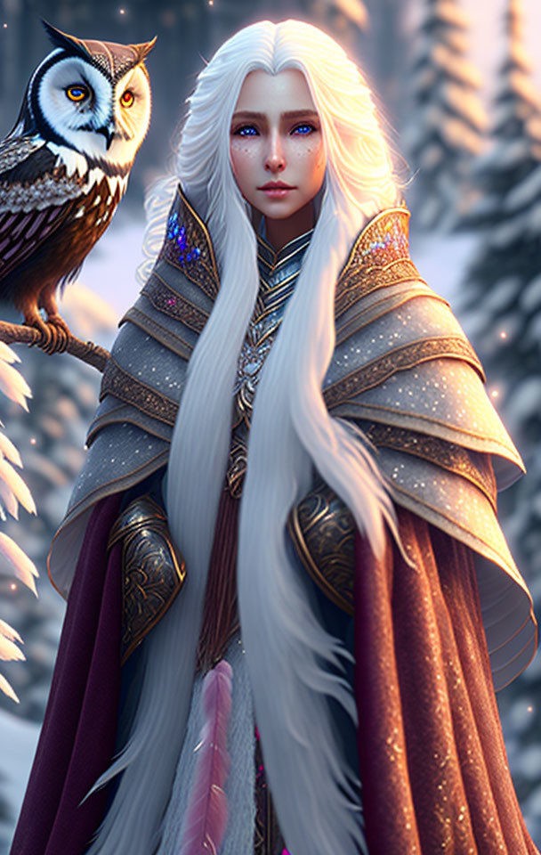 Ethereal woman in white hair and armor with owl in snowy forest