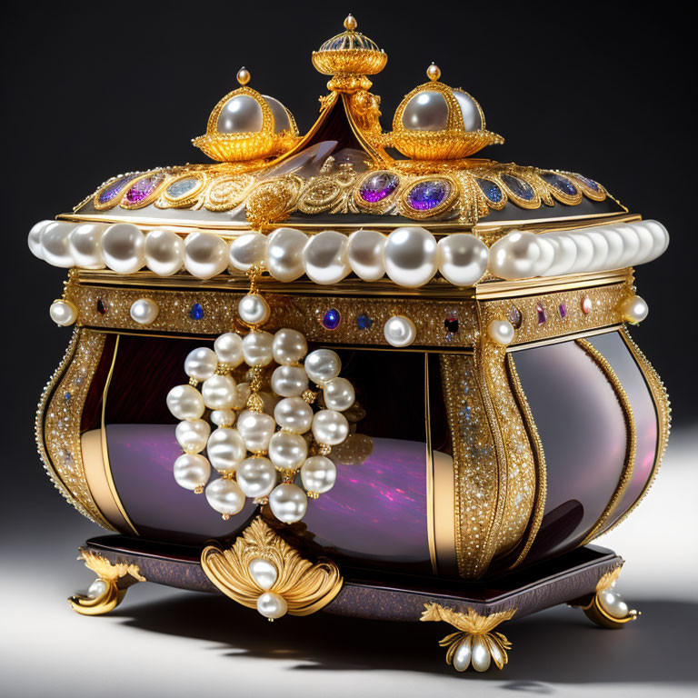 Luxurious Golden Casket with Pearls and Gems on Dark Background