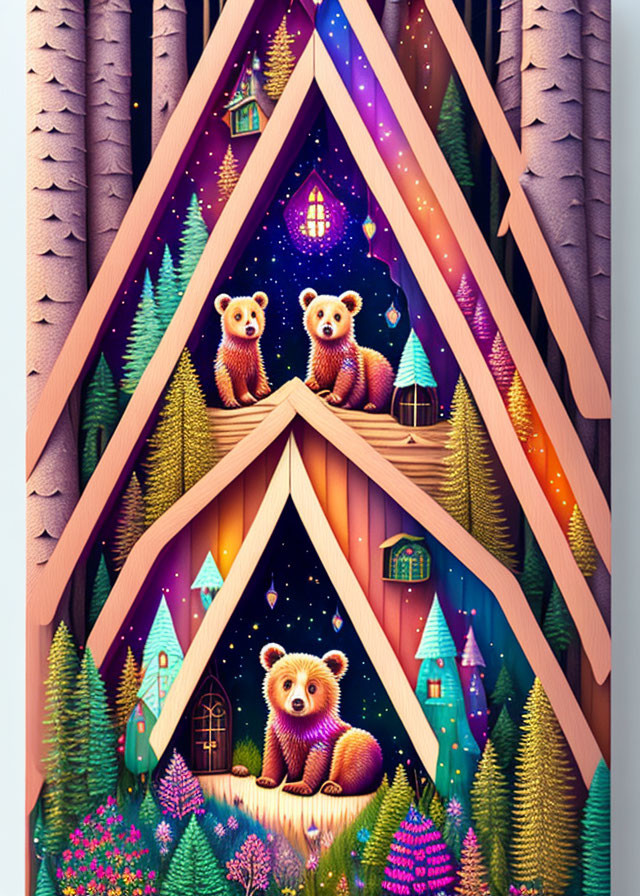 Colorful forest art with bears in triangular frames under starry sky