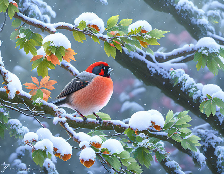 Red Bullfinch on Snow-Dusted Branch with Falling Snowflakes