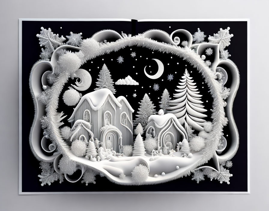 Detailed Black and White Winter Pop-Up Book Illustrating Snowy Landscapes