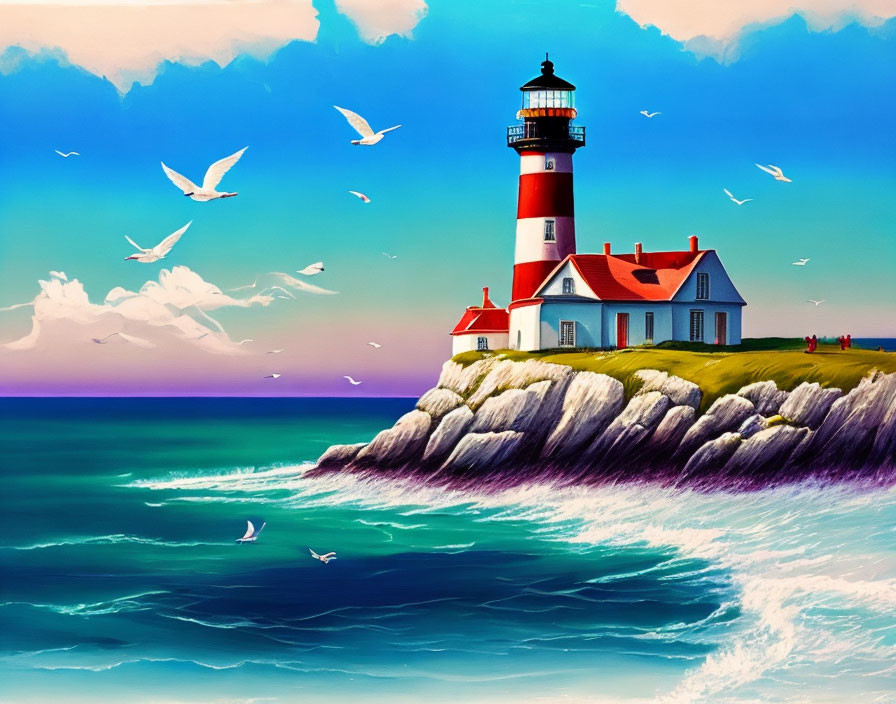 Lighthouse painting with red and white structure on rocky cliff, house, seagulls, blue sky