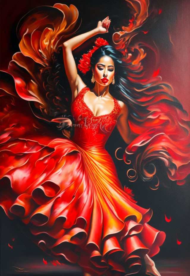 Colorful Flamenco Dancer Painting with Red Dress and Flower