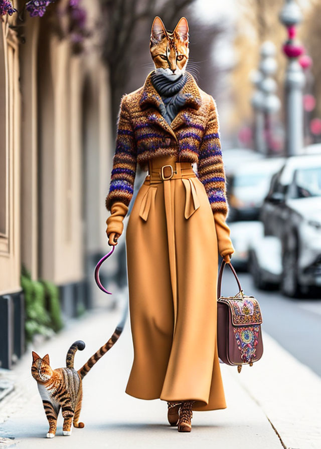 Feline-headed figure in chic attire walking cat on leash with purse